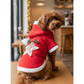 Yılbaşı Köpek Kıyafeti Yıldız Desenli Kırmızı Polar | Kapüşonlu Noel Köpek Kostümü | Küçük Irklar İçin