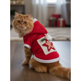 Yıldız Desenli Premium Yılbaşı Kedi Kıyafeti Yıldız Desenli Kırmızı Polar | Kapüşonlu Noel Kedi Kostümü | Kurabiye Temalı