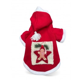 Yıldız Desenli Premium Yılbaşı Kedi Kıyafeti Yıldız Desenli Kırmızı Polar | Kapüşonlu Noel Kedi Kostümü | Kurabiye Temalı