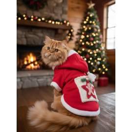 Yıldız Desenli Premium Yılbaşı Kedi Kıyafeti Yıldız Desenli Kırmızı Polar | Kapüşonlu Noel Kedi Kostümü | Kurabiye Temalı