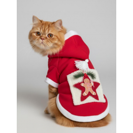 Yıldız Desenli Premium Yılbaşı Kedi Kıyafeti Yıldız Desenli Kırmızı Polar | Kapüşonlu Noel Kedi Kostümü | Kurabiye Temalı