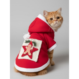Yıldız Desenli Premium Yılbaşı Kedi Kıyafeti Yıldız Desenli Kırmızı Polar | Kapüşonlu Noel Kedi Kostümü | Kurabiye Temalı